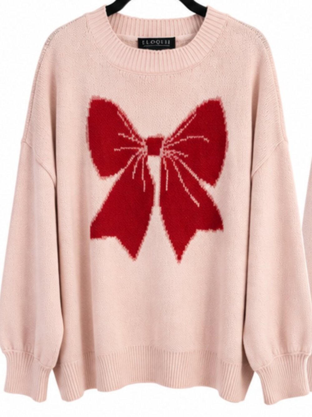 ELOQUII Pink Red Bow Oversized Knit Sweater